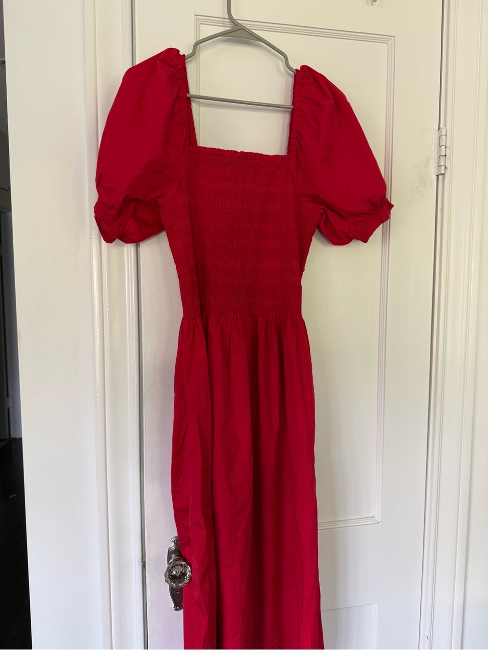 Madewell Red Puff Sleeve Smocked Midi Dress - Picture 4 of 7